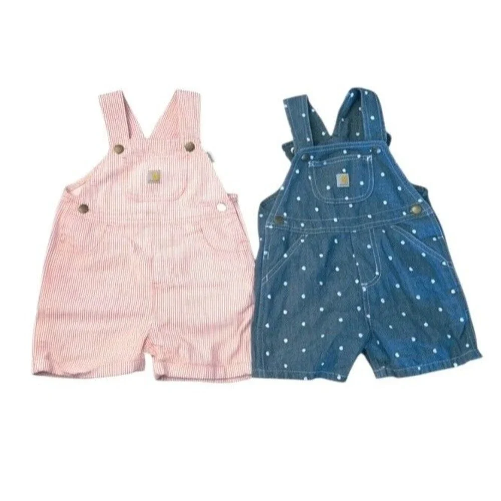 Two Carhartt 2T Girls Overall Shortalls Denim & Pink Striped Pockets